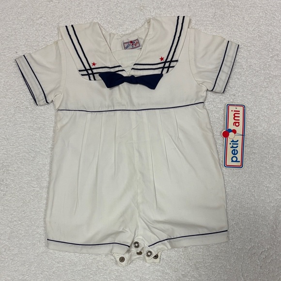 NWT Petit Ami white sailor Romper with Navy Details 6m - Picture 1 of 10